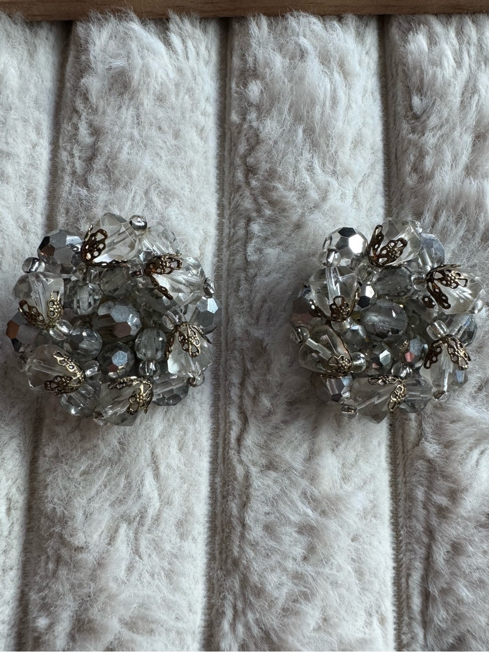 Vintage Clear Crystal Faceted Beaded Cluster Brass Clip On Earrings